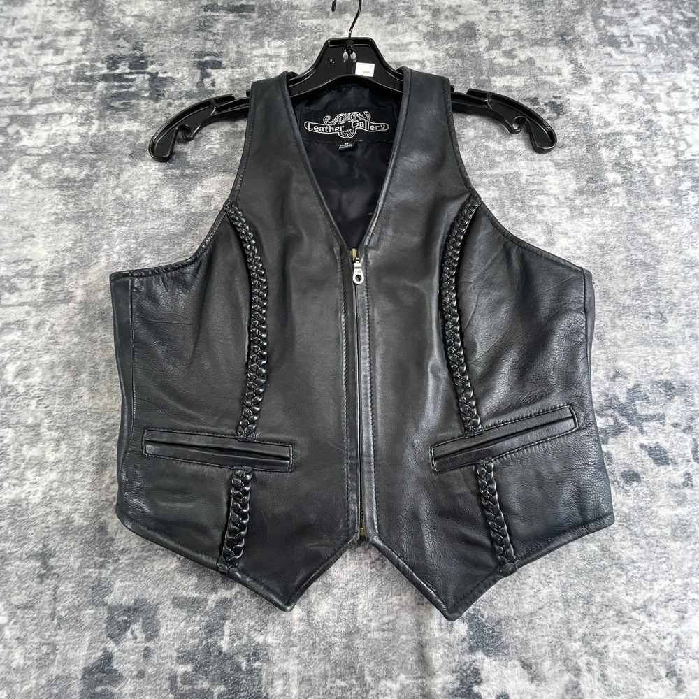 Leather Gallery Womens 8 Vest Black Braided Biker Style LG 511 Zip Front Moto